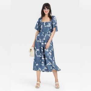 Blue and White Flutter Sleeve Women’s Midi Tie Back Dress - Size XS